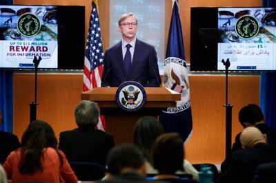 epa07817292 US Special Representative for Iran and Senior Advisor to the Secretary of State Brian Hook responds to a question from the news media during a press conference at the US State Department in Washington, DC, USA, 04 September 2019. Hook announced that the US State Department, through it's Rewards for Justice program, is offering a reward of up to $15 million USD for information leading to the disruption of the financial mechanisms of Iran's Islamic Revolutionary Guard Corps and its branches including the IRGC-Qods Force.  EPA/SHAWN THEW
