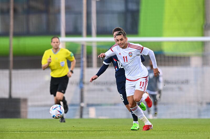 Caio Canedo runs with the ball during the UAE's friendly against Paraguay in Austria. Photo: UAE FA