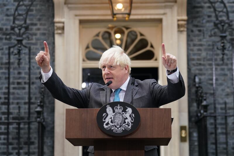 Boris Johnson makes a speech outside 10 Downing Street, London, on Tuesday, September 6, 2022, before leaving for Balmoral in Scotland for an audience with Queen Elizabeth II to formally resign as Britain's prime minister. PA