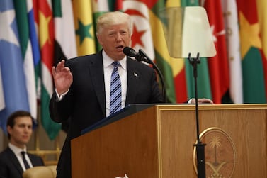 US president Donald Trump delivers a speech during the Arab Islamic American Summit in Riyadh, Saudi Arabia. Evan Vucci / AP Photo
