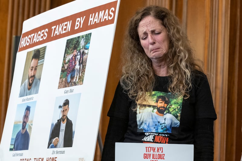 Doris Liber, whose son Guy Iluz is being held hostage in Gaza, during a press conference with House Republicans at the Capitol in Washington. AP