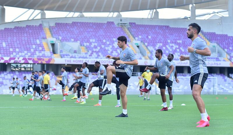 Sebastian Tagliabue, centre, and his UAE national team teammates train under watchful eye of new manager Jorge Luis Pinto in July. All photos courtesy UAEFA
