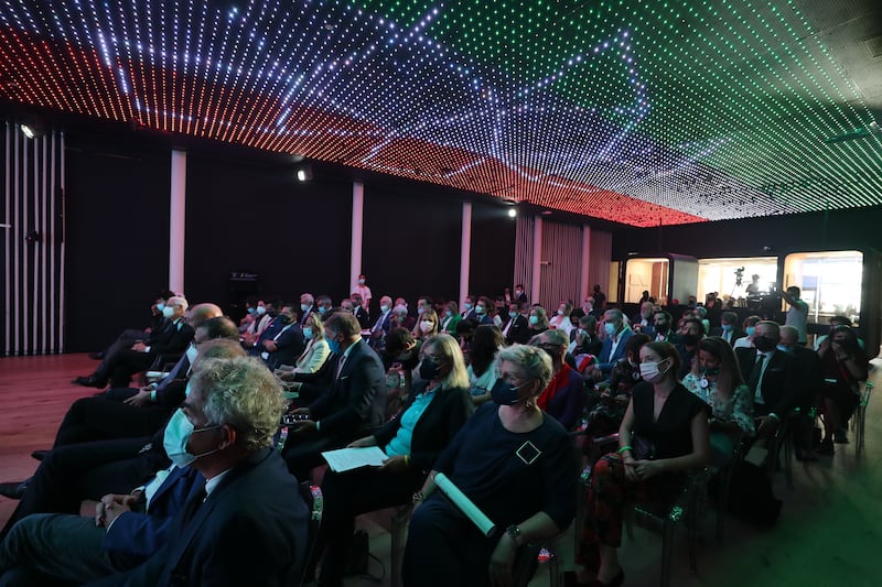 Delegates at a conference about the opportunities in Florence, Italy and an announcement to set up a digital centre to protect art in war torn zones at the Italian pavilion, Expo 2020, Dubai
