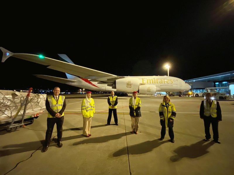   Emirates’ outstation airport teams from Zurich sent of their last passenger flight before the UAE's temporary flights suspension took effect. Courtesy Emirates 