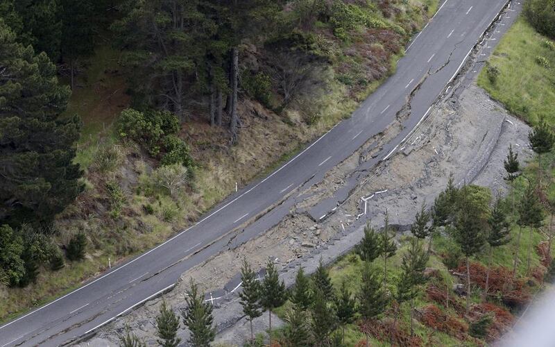 The picture shows earthquake damage on State Highway One, north of Kaikoura. Mark Mitchell / Pool Photo via AP