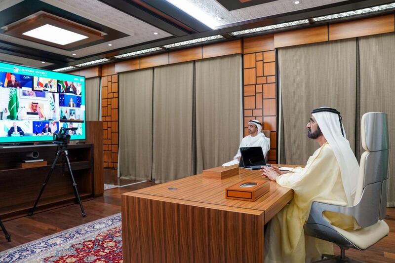 Sheikh Mohammed bin Rashid, Vice President and Ruler of Dubai, and Sheikh Abdullah bin Zayed, Minister of Foreign Affairs and International Co-operation, attend the virtual closing session for the G20 Summit. Courtesy: Dubai Media Office