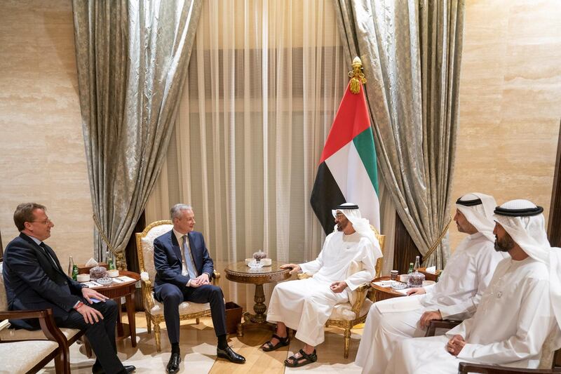 ABU DHABI, UNITED ARAB EMIRATES - February 09, 2019: HH Sheikh Mohamed bin Zayed Al Nahyan, Crown Prince of Abu Dhabi and Deputy Supreme Commander of the UAE Armed Forces (3rd R), meets with HE Bruno Le Maire, Minister of Economy and Finance of France (2nd L), at Al Shati Palace. Seen with HE Mohamed Mubarak Al Mazrouei, Undersecretary of the Crown Prince Court of Abu Dhabi (R) and HE Khaldoon Khalifa Al Mubarak, CEO and Managing Director Mubadala, Chairman of the Abu Dhabi Executive Affairs Authority and Abu Dhabi Executive Council Member (2nd R).
( Mohamed Al Hammadi / Ministry of Presidential Affairs )
---