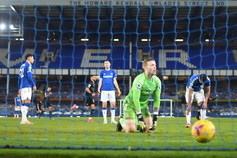 EVERTON RATINGS: Jordan Pickford - 6, Had absolutely no chance for City’s first two goals and got a hand to Bernardo Silva’s, having made a good save to deny the Portuguese midfielder earlier. AFP