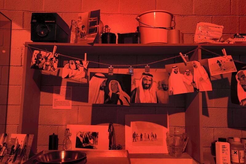 Dubai, United Arab Emirates - April 30, 2019: Postcard: Founding Fathers Exhibition, exhibition of rare Sheikh Zayed photos. A recreation of Ramesh Shula's darkroom. Tuesday the 30th of April 2019. Etihad Museum, Dubai. Chris Whiteoak / The National