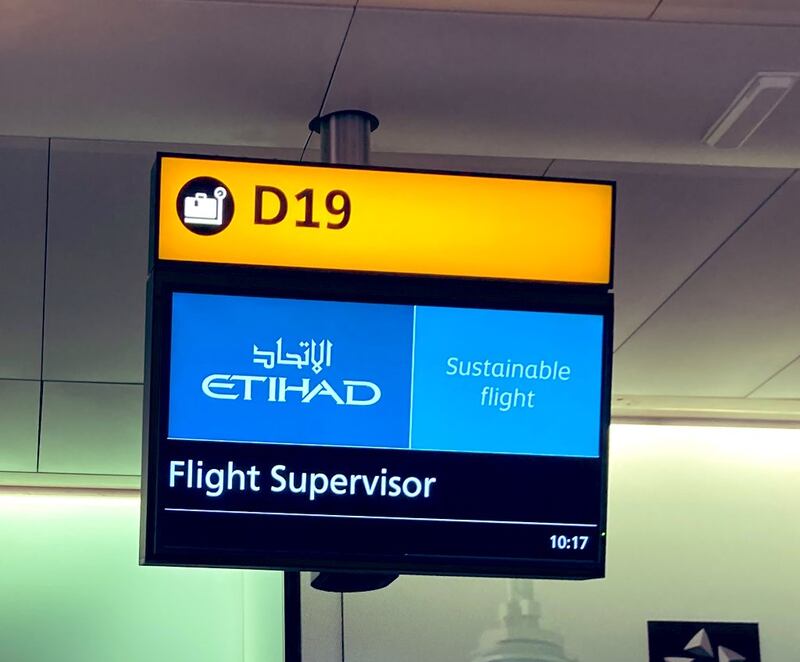 Etihad flight EY20 to Abu Dhabi ready for check-in at London Heathrow