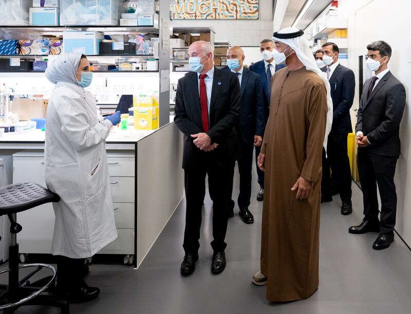 Sheikh Mohamed and Sheikh Hamdan bin Mohamed bin Zayed during the visit to the Zayed Centre for Research into Rare Disease in Children.