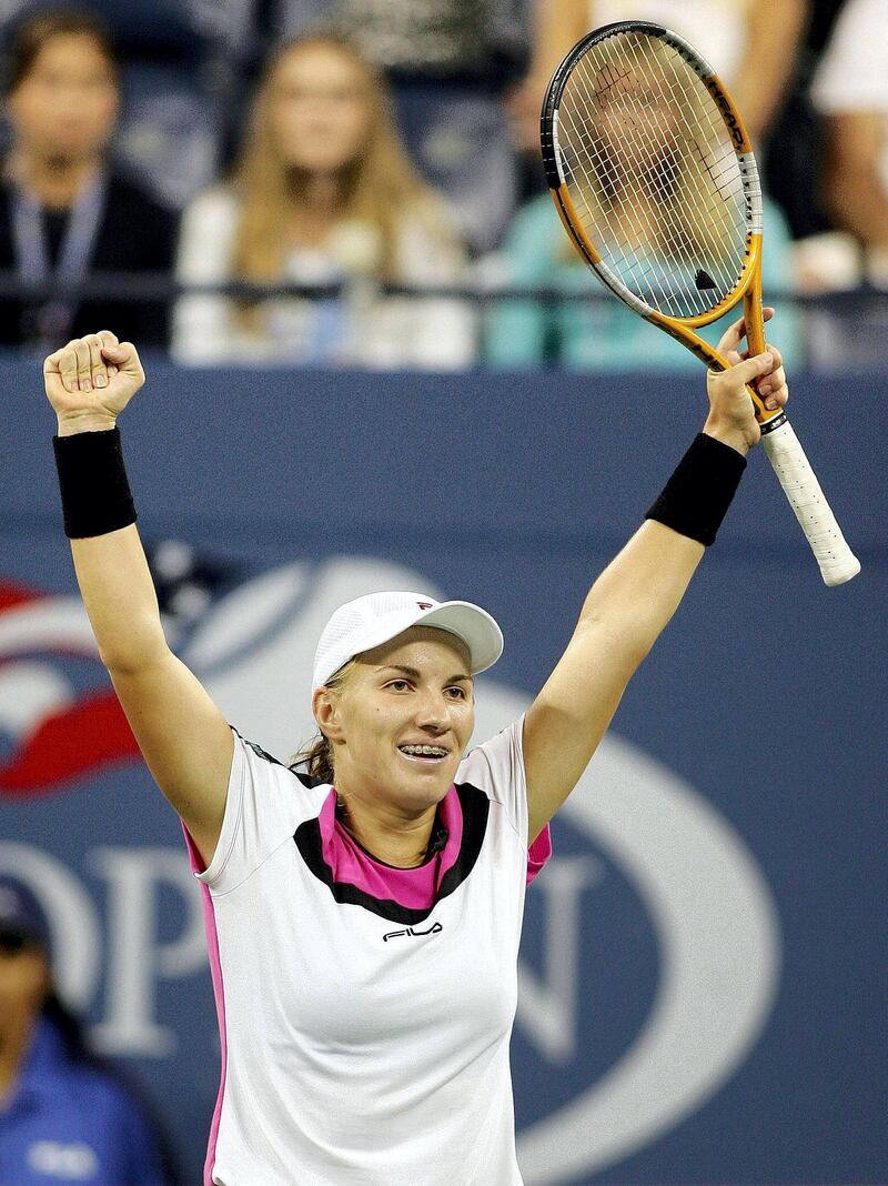 Svetlana Kuznetsova of Russia celebrates her win over Elena Dementieva of Russia, 11 September 2004, in the women's singles final at the US Open Tennis Tournament in Flushing Meadows, NY.  Kuznetsoa won 6-3, 7-5 to take the title.    AFP PHOTO/DON EMMERT (Photo by DON EMMERT / AFP)