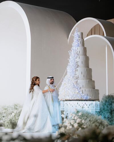 Sheikha Mahra and Sheikh Mana Al Maktoum on their wedding day in Dubai. Photo: @hhshmahra / Instagram