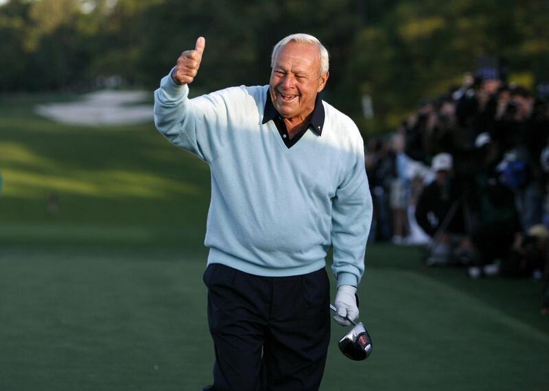 Honorary starter Arnold Palmer gestures after hitting a drive to begin the 2007 Masters golf tournament on the first tee at the Augusta National Golf Club in Augusta, Georgia on April 5, 2007. Mike Blake / Reuters