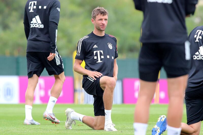 LAGOS, PORTUGAL - AUGUST 12: Thomas Mueller of Bayern Munich speaks during a training session on August 12, 2020 in Lagos, Portugal. (Photo by M. Donato/FC Bayern via Getty Images)