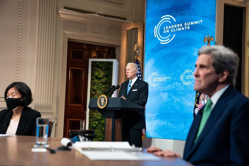 epa09155178 US President Joe Biden delivers remarks during 'Session 5: The Economic Opportunities of Climate Action' of the virtual Leaders Summit on Climate in the East Room of the White House in Washington, DC, USA, 23 April 2021. The meeting is intended to underline the urgency and economic benefits of stronger climate action on the road to the United Nations Climate Change Conference (COP26) in Glasgow in November 2021. Around 40 international leaders attend the summit.  EPA/ANNA MONEYMAKER / POOL