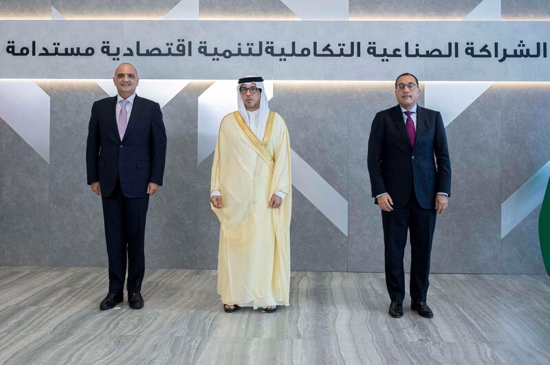 The UAE signed an integrated industrial partnership with Egypt and Jordan in Abu Dhabi on Sunday. The partnership was announced in the presence of Sheikh Mansour bin Zayed, Deputy Prime Minister and Minister of Presidential Affairs. Photo: Wam