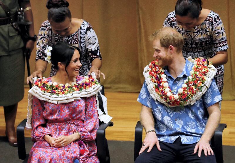 SUVA, FIJI - OCTOBER 24: Prince Harry, Duke of Sussex and Meghan, Duchess of Sussex visit the University of the South Pacific on October 24, 2018 in Suva, Fiji. The Duke and Duchess of Sussex are on their official 16-day Autumn tour visiting cities in Australia, Fiji, Tonga and New Zealand.  (Photo by Phil Noble - Pool/Getty Images)