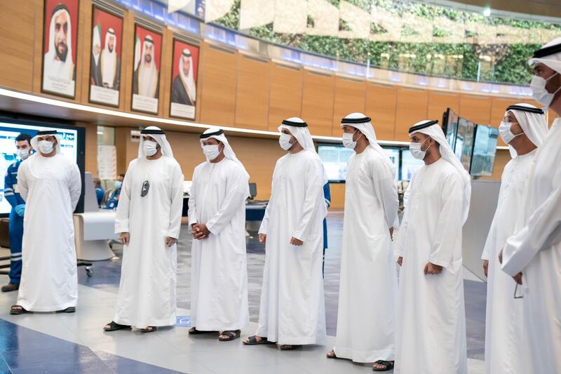 AL RUWAIS, WESTERN REGION OF ABU DHABI, UNITED ARAB EMIRATES - June 17, 2020: (3rd R-L) HH Sheikh Mohamed bin Hamad bin Tahnoon Al Nahyan, HH Sheikh Theyab bin Mohamed bin Zayed Al Nahyan, Abu Dhabi Executive Council member and Chairman of the abu Dhabi Crown Prince Court (CPC), HE Mohamed Mubarak Al Mazrouei, Undersecretary of the Crown Prince Court of Abu Dhabi, HH Sheikh Sultan bin Hamdan bin Mohamed Al Nahyan and HH Sheikh Nahyan Bin Zayed Al Nahyan, Chairman of the Board of Trustees of Zayed bin Sultan Al Nahyan Charitable and Humanitarian Foundation, witness the progress of ADNOC projects in Al Ruwais.

( Rashed Al Mansoori / Ministry of Presidential Affairs )
---