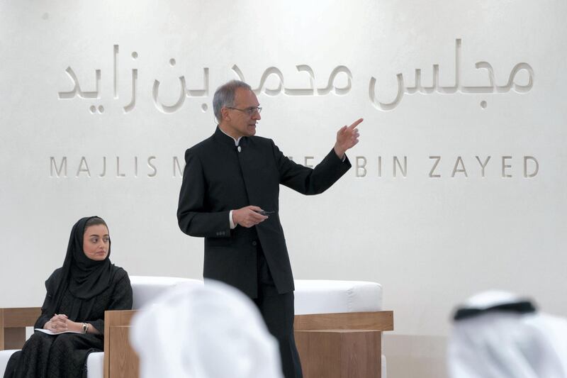 ABU DHABI, UNITED ARAB EMIRATES - May 29, 2019: Pavan Sukhdev (R), delivers a lecture titled: ”Redefining wealth for an economy of performance", at Majlis Mohamed bin Zayed. 

( Eissa Al Hammadi for the Ministry of Presidential Affairs )
---