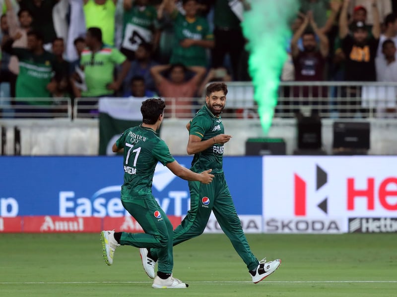 Pakistan's Haris Rauf celebrates after taking the wicket of Sri Lanka batter Danushka Gunathilaka for one.