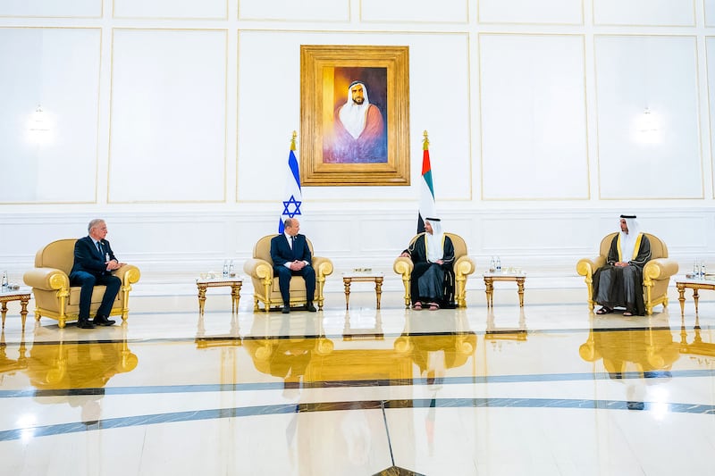 Sheikh Abdullah and Mr Bennett with Mohamed Al Khaja, UAE Ambassador to Israel, and Amir Hayek, Israel's ambassador to the Emirates. Wam