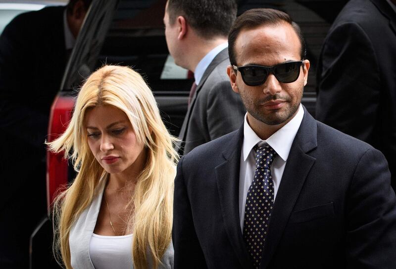 Foreign policy advisor to US President Donald Trump's election campaign, George Papadopoulos and his wife Simona Mangiante Papadopoulos arrive at US District Court for his sentencing in Washington, DC on September 7, 2018. (Photo by MANDEL NGAN / AFP)