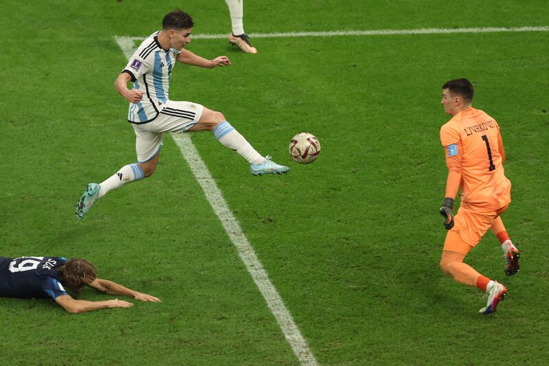Julian Alvarez - 9. Won the penalty having been brought down by the goalkeeper, which led to Argentina going ahead. Brilliant individual goal to put Argentina two up on 39 – his third goal of these finals. Made it 3-0, sweeping in Messi’s ball on 69. Four goals puts him behind only Messi and Mbappe.
AFP