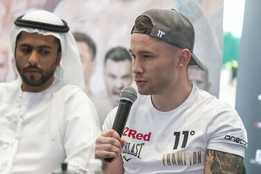 DUBAI, UNITED ARAB EMIRATES. 01 APRIL 2021. Tom Urguhart leads a press conference with Ahmed Al Siddiqi for the upcoming boxing match between Jamel Herring and Carl Frampton. (Photo: Antonie Robertson/The National) Journalist: Amith Passela. Section: Sport.