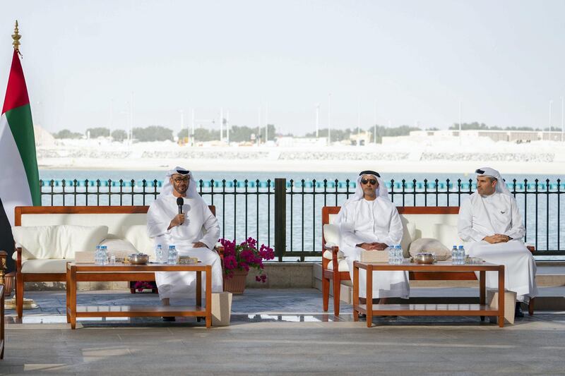 ABU DHABI, UNITED ARAB EMIRATES - March 16, 2020: HH Sheikh Mohamed bin Zayed Al Nahyan, Crown Prince of Abu Dhabi and Deputy Supreme Commander of the UAE Armed Forces (L), delivers a speech about the UAE’s Covid19 response, during a Sea Palace barza. Seen with HH Lt General Sheikh Saif bin Zayed Al Nahyan, UAE Deputy Prime Minister and Minister of Interior (C) and HE Khaldoon Khalifa Al Mubarak, CEO and Managing Director Mubadala, Chairman of the Abu Dhabi Executive Affairs Authority and Abu Dhabi Executive Council Member (R).

( Mohamed Al Hammadi / Ministry of Presidential Affairs )
---