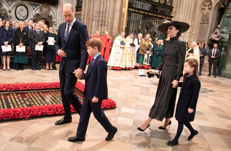 Prince William, Prince George, Princess Charlotte and the Duchess of Cambridge arrive at Westminster Abbey for the Service of Thanksgiving for the late Duke of Edinburgh. Getty Images