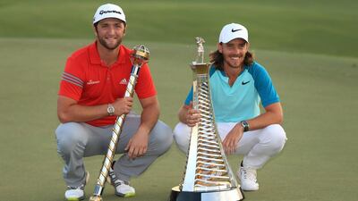 In 2017 Jon Rahm, left, won the 2017 DP World Tour Championship while Tommy Fleetwood, right, was crowned the Race to Dubai winner. Getty Images