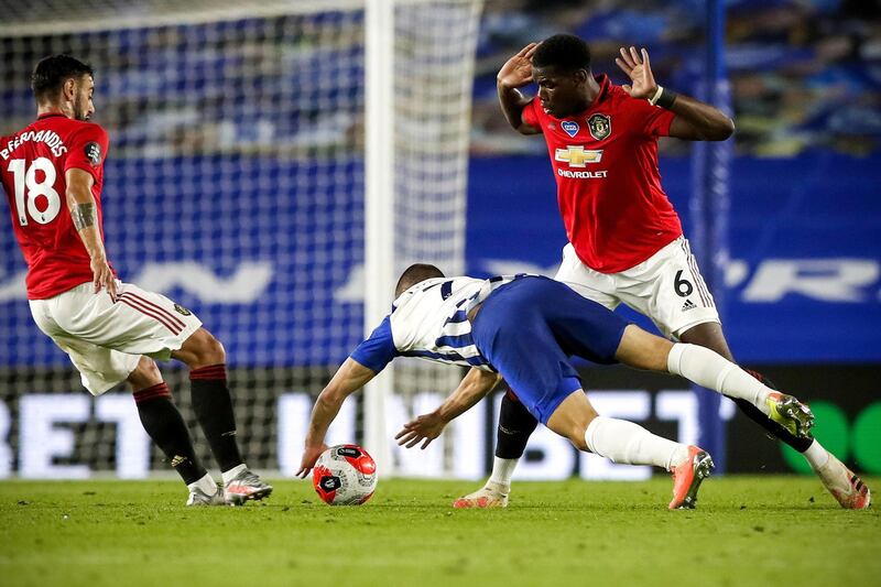 Manchester United's Paul Pogba in action against Brighton's Neal Maupay. EPA