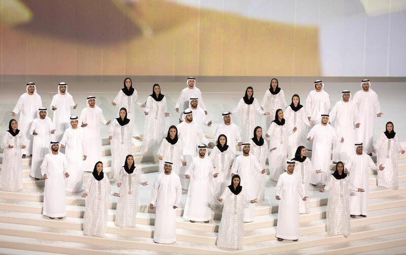 ABU DHABI, UNITED ARAB EMIRATES - February 26, 2018: Performers participate in the inauguration of The Founder's Memorial.

(  Hamad Al Mansoori for The Crown Prince Court - Abu Dhabi )
---