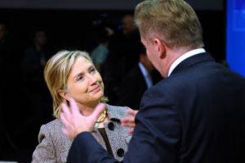 US Secretary of State Hillary Clinton listens to Lithuania s foreign minister Audronius Azubalis at the beginning of the North Atlantic Council meeting with non-Nato ISAF contributors during the informal Nato Foreign Ministers meeting in Tallinn on Friday, April 23, 2010.