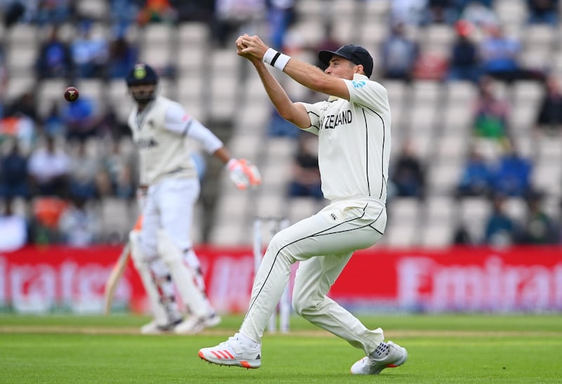 New Zealand's Tim Southee drops Ravindra Jadeja of India. Getty