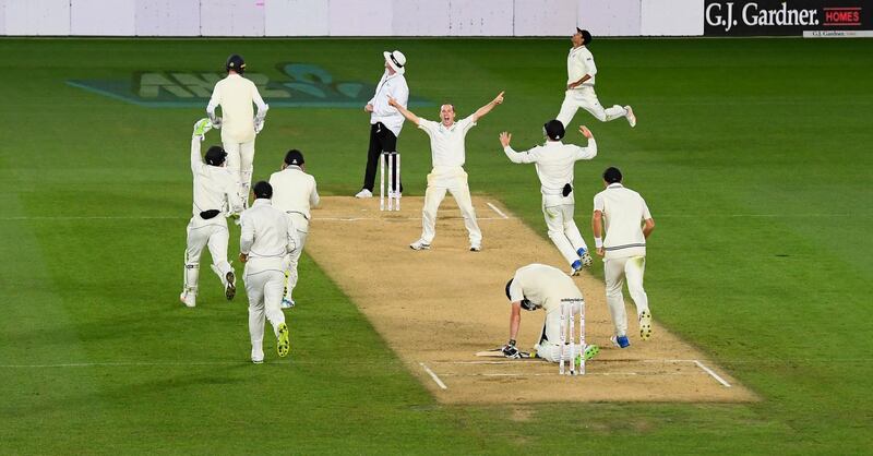 AUCKLAND, NEW ZEALAND - MARCH 26:  New Zealand bowler Todd Astle celebrates after dismissing James Anderson to win the match during day five of the First Test Match between the New Zealand Black Caps and England at Eden Park on March 26, 2018 in Auckland, New Zealand.  (Photo by Stu Forster/Getty Images)