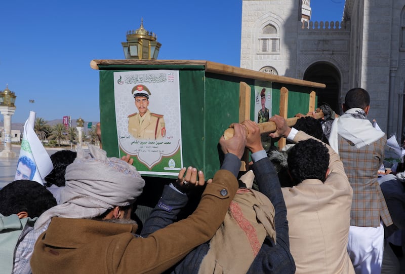 Mourners carry the coffin of a Houthi fighter killed in recent US-led air strikes, in Sanaa, Yemen, on January 17. Reuters