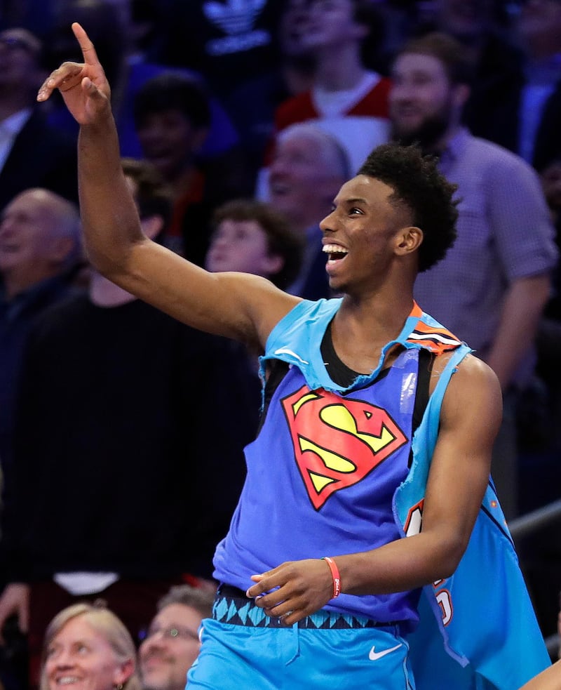 Oklahoma City Thunder Hamidou Diallo reacts to his dunk during the NBA All-Star Slam Dunk contest, Saturday, Feb. 16, 2019, in Charlotte, N.C. Diallo won the contest. AP Photo
