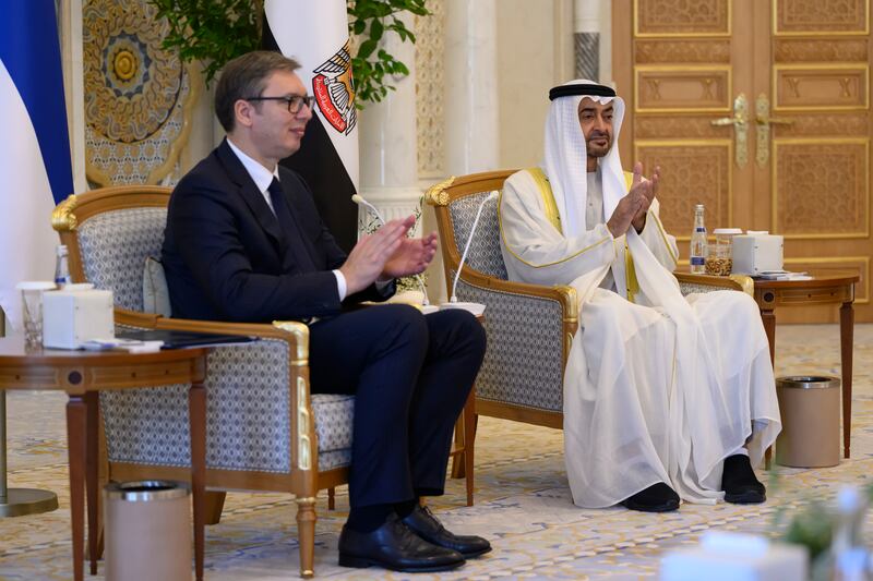 Sheikh Mohamed and Mr Vucic witness the signing of one of the Comprehensive Strategic Partnership Agreement.