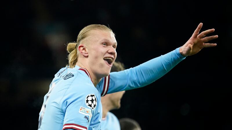 Manchester City's Erling Haaland after scoring his fifth goal in the 7-0 Champions League win against RB Leipzig  on March 14, 2023.  AP