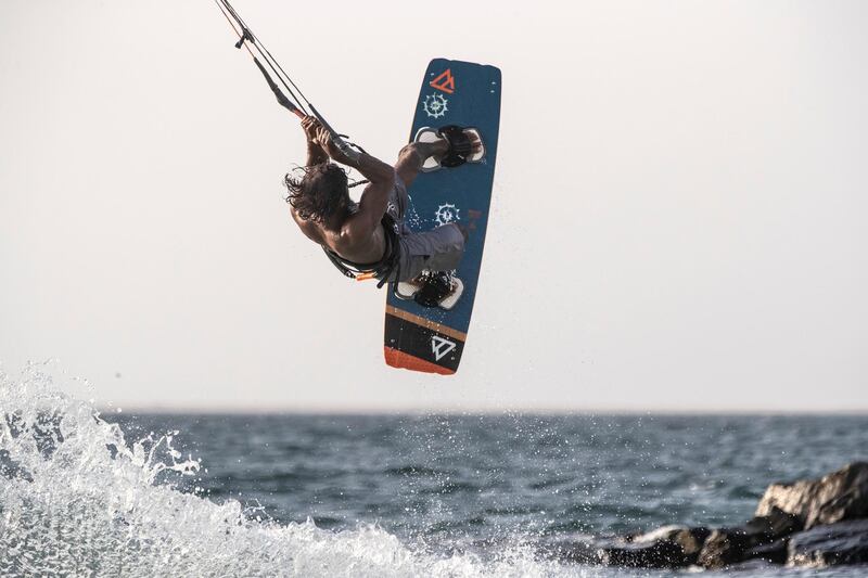 DUBAI, UNITED ARAB EMIRATES. 12 OCTOBER 2020. UAE kitesurfing champion Mohammed Al Mansoori. Mohammed got into the sport after falling in a coma from a biking accident which also broke both his legs and meant that he couldn't walk for years. As the captain of the UAE kitesurfing club, he calls
for more Emiratis to join the sport so it could grow in the region and they could have a GCC league. (Photo: Antonie Robertson/The National) Journalist: Haneed Dajani. Section: National.
