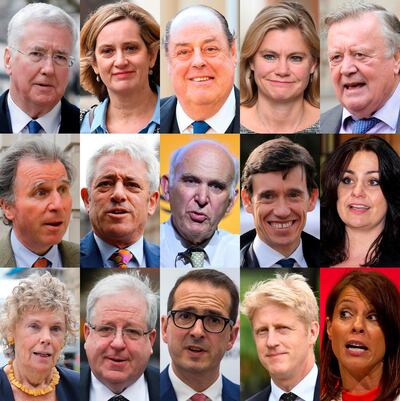 A combination of pictures created in London on October 30, 2019 shows some of the members of parliament who have announced their intention to stand down at the next election: (top row L-R) Conservative MP Michael Fallon, former Conservative Independent MP Amber Rudd, Conservative MP Nicholas Soames, former Conservative Independent MP Justine Greening, former Conservative Independent MP Kenneth Clarke (middle row L-R) former Conservative Independent MP Oliver Letwin, Speaker of the House of Commons John Bercow, former Liberal Democrats leader Vince Cable, former Conservative Independent MP Rory Stewart, Liberal Democrats MP Heidi Allen  (bottom row L-R) Labour Party MP Kate Hoey, Conservative MP Patrick McLoughlin, Labour Party MP Owen Smith, Conservative MP Jo Johnson and Labour Party MP Gloria De Piero. / AFP / -
