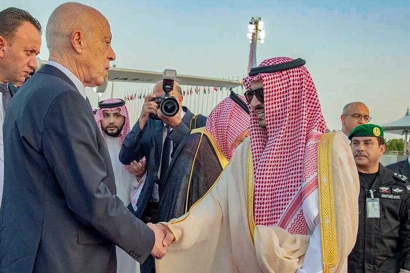 Prince Badr welcomes Mr Saied in Jeddah on the eve of the Arab League Summit. Photo: Spa