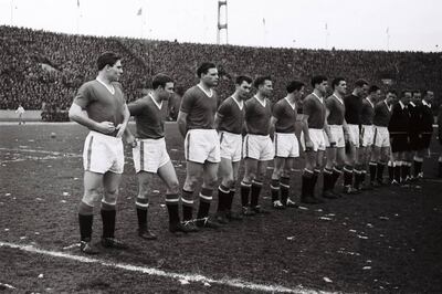 From left, Duncan Edwards, Eddie Coleman, Mark Jones, Ken Morgans, Bobby Charlton, Dennis Viollet, Tommy Taylor, Bill Foulkes, Harry Gregg, Albert Scanlon and Roger Byrne of Manchester United lineup prior to the European Cup quarter-final second leg against Red Star Belgrade on February 5, 1958. Getty Images