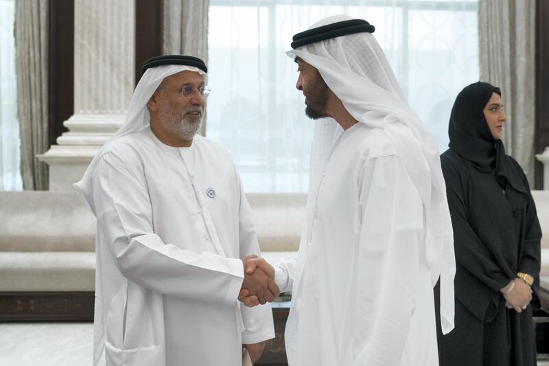 ABU DHABI, UNITED ARAB EMIRATES - June 05, 2018: HH Sheikh Mohamed bin Zayed Al Nahyan Crown Prince of Abu Dhabi Deputy Supreme Commander of the UAE Armed Forces (R), greets a retired member of the UAE Armed Forces, during an iftar reception at Al Bateen Palace. 


( Mohamed Al Hammadi / Crown Prince Court - Abu Dhabi )
---