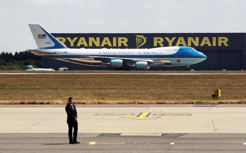 The US Air Force One plane with US President Donald Trump and his wife Melania onboard lands at the London Stansted Airport. EPA