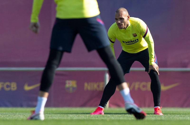 Barcelona's Martin Braithwaite during training at the Joan Gamper sport complex. EPA