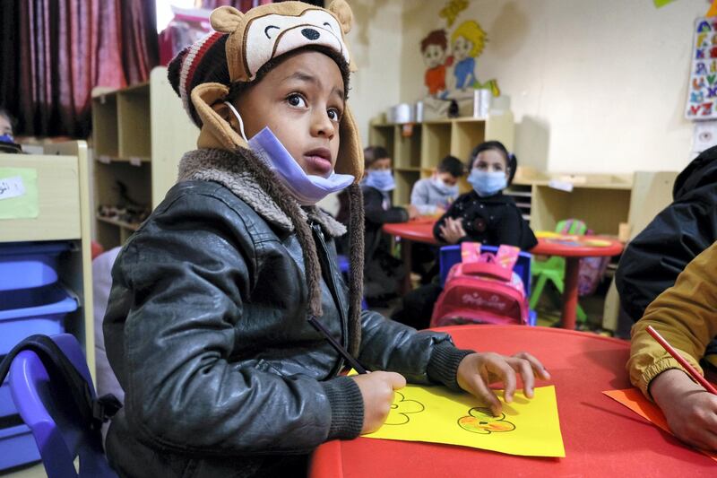 Children on their first day back to kindergarten in Al Baqa’a camp, following Covid-19 school closures. Amy McConaghy/ The National