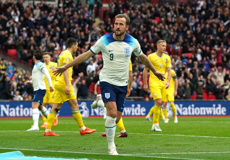 England's Harry Kane celebrates scoring the opening goal against Ukraine in the Euro 2024 Group C qualifier at Wembley Stadium on Sunday, March 26, 2023. PA